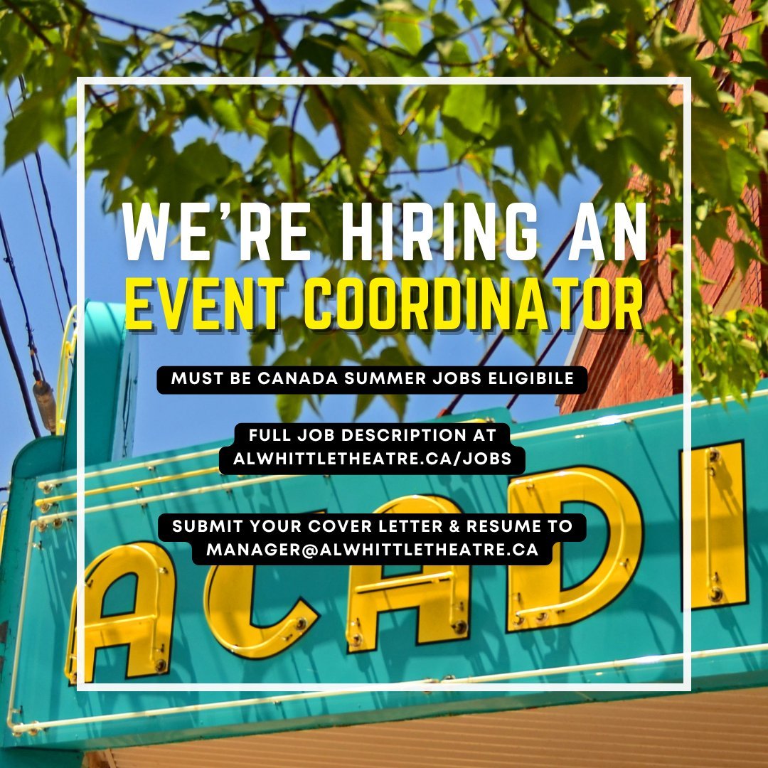 Looking for a summer job, but prefer to stay indoors? We got you!

As Al Whittle Theatre's Event Coordinator you'll join forces with our Theatre Manager to connect your local community with arts programming!

Your responsibilities will include:
⭐Assi