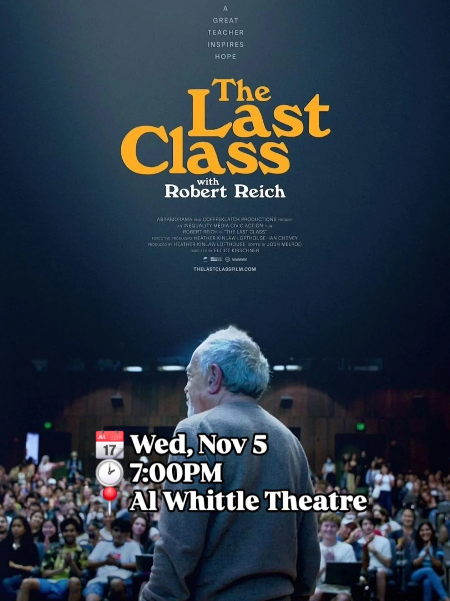 Reich teaches his final "Wealth and Poverty" class to 1,000 students at UC Berkeley, ending a 40-year career that reached 40,000 students.
See it on our big screen!