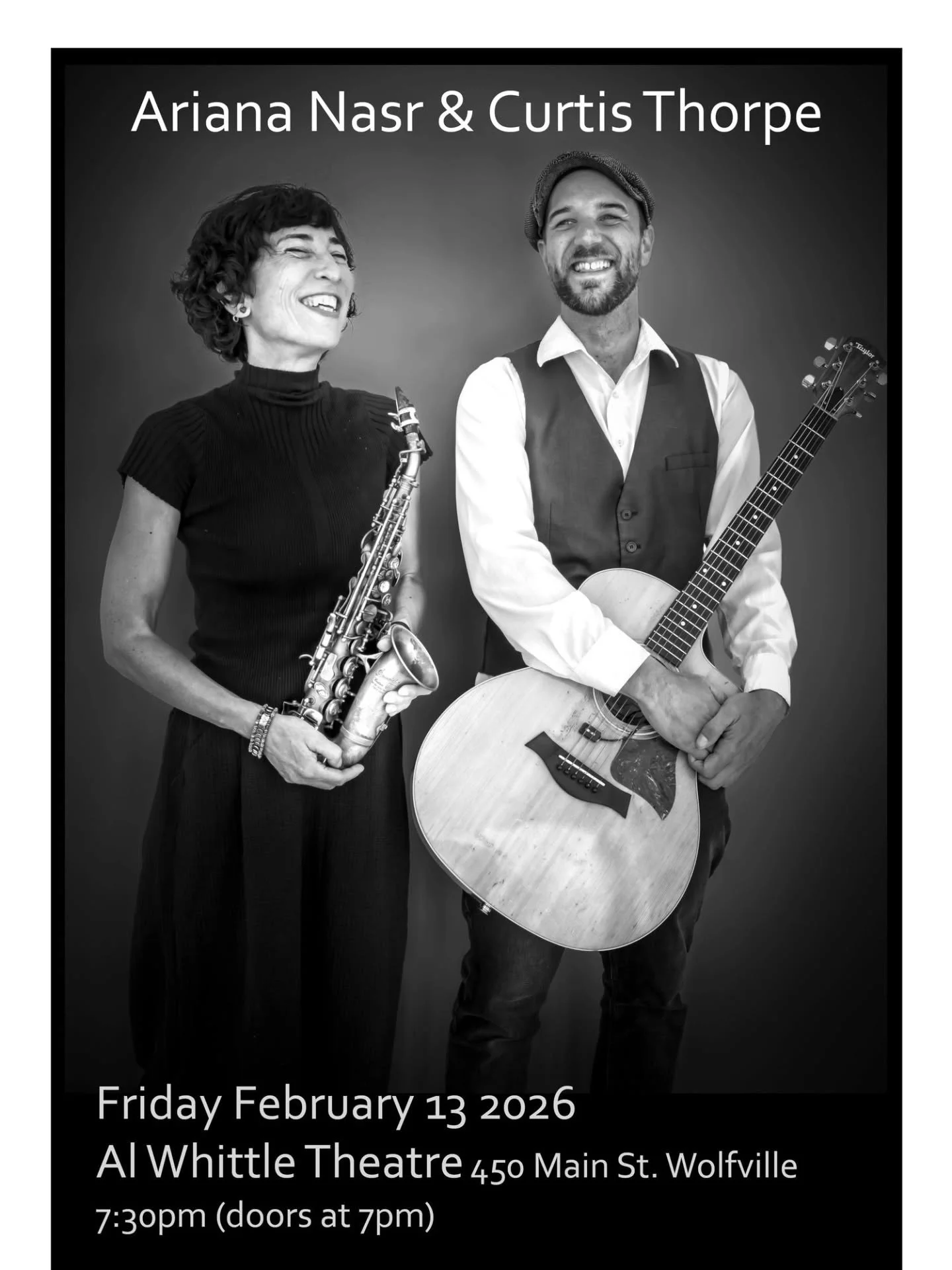 Musical duo Ariana Nasr &amp; Curtis Thorpe return to the Annapolis Valley, bringing their eclectic repertoire of jazz, world and French classics performed on voice, guitar, saxophone and harmonica. 

🎟 www.ArianaNsar.com/concerts