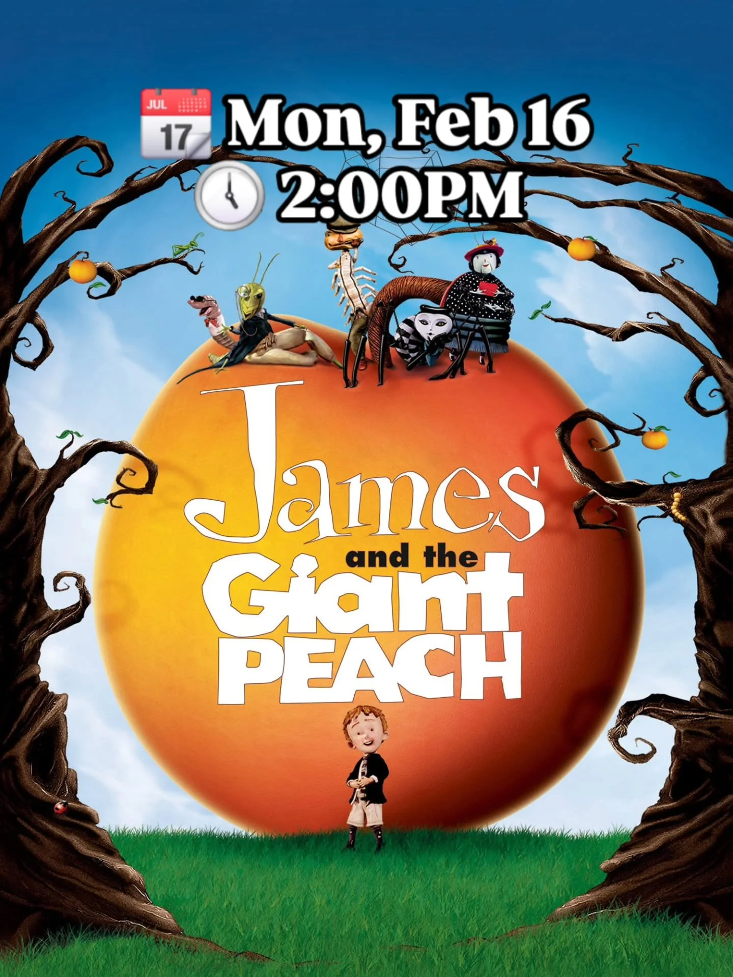 Join us for a Family Day movie!

When the young orphan boy James spills a magic bag of crocodile tongues, he finds himself in possession of a giant peach that flies him away to strange lands.

Runtime: 1h 19m
🌟 Adventure 🌟 Animation 🌟 Family 🌟
🎟