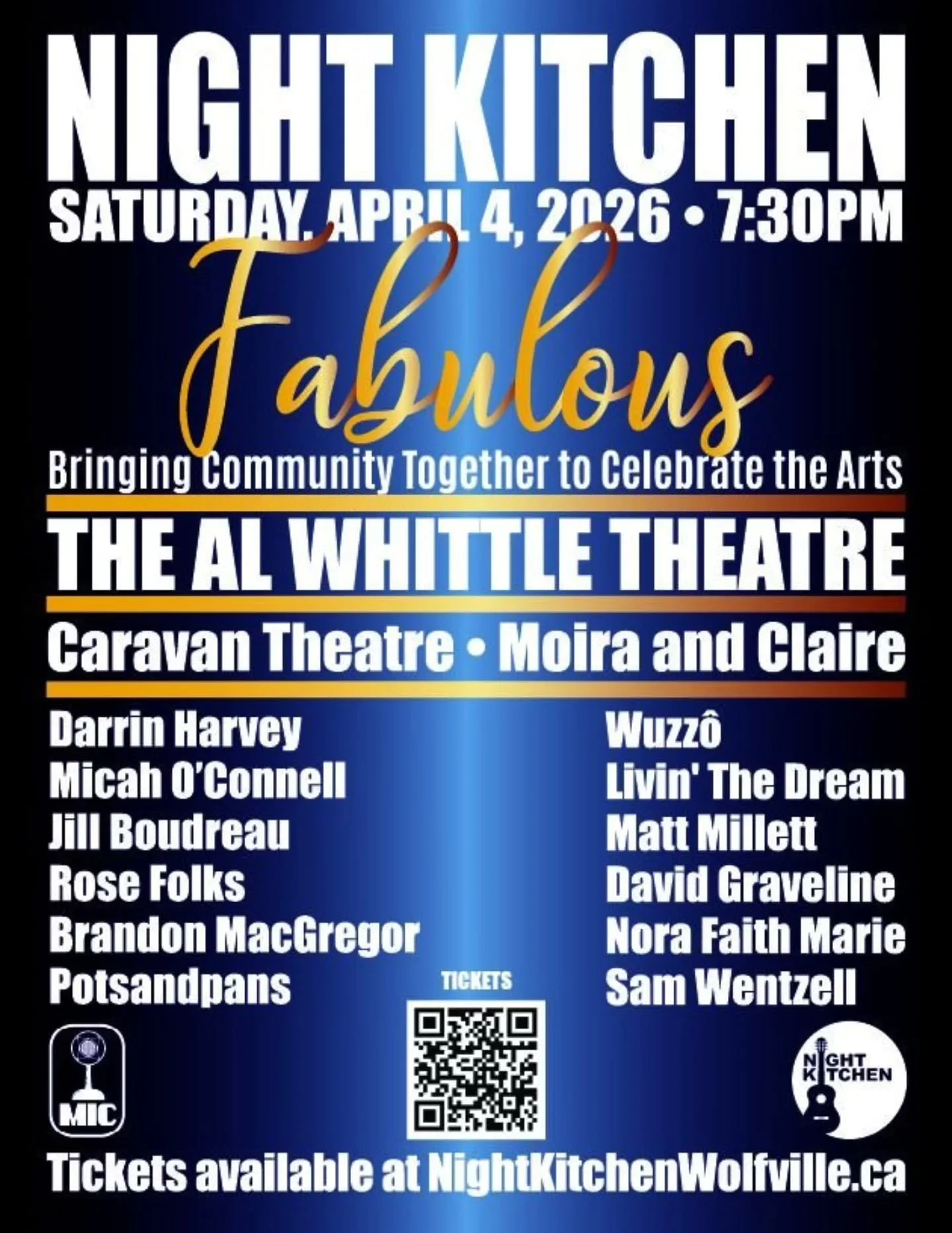 Looking for something a little extra, dare we say even fabulous?

Celebrate this amazing night of performers!

📆 Fri, Apr 4
🕔 7:30PM
📍 Al Whittle Theatre 
🎟 www.alwhittletheatre.ca/events/night-kitchen-april-26