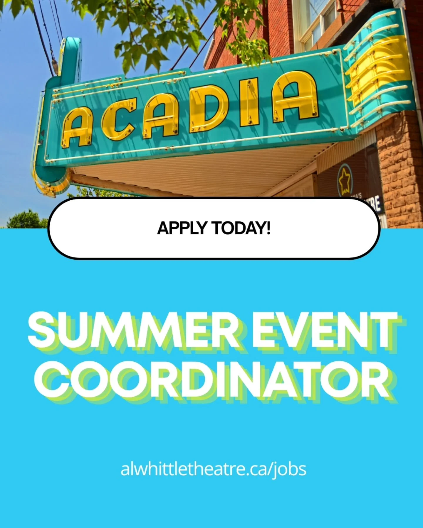 Looking for a summer job? Apply to be our Event Coordinator!

As Al Whittle Theatre's Summer Event Coordinator you'll join forces with our promotions team to connect your local community with arts programming!

Your responsibilities will include:
⭐As