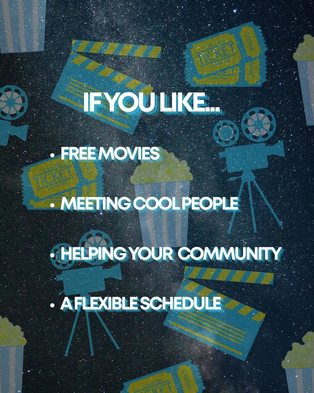 We want YOU! 📽️🌟

Whether you're in it for a free movie after every shift, a flexible gig to help bolster your volunteer hours, or the chance to meet other cinema enthusiasts, we'd love to have you on our team!

Box office volunteers are responsibl