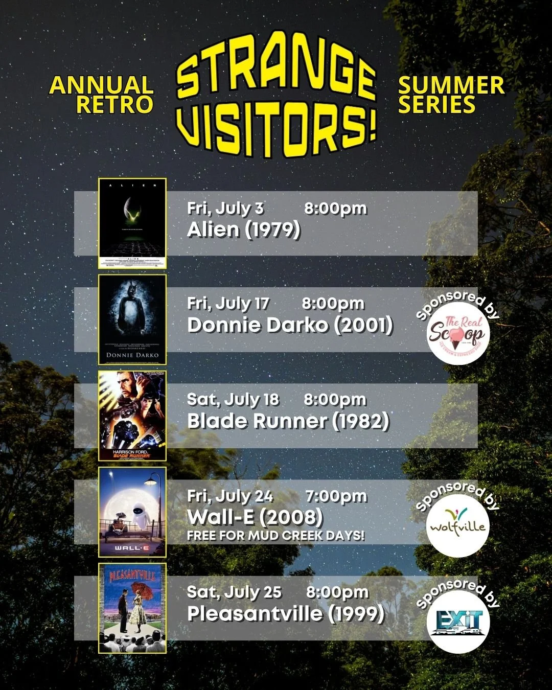Announcing our retro summer film series lineup! 🌟

This summer, get ready for some strange visitors... 

🛰 Alien (1979) - Fri, July 3 at 8:00pm
🐰 Donnie Darko (2001) - Fri, July 17 at 8:00pm. 
🌆 Blade Runner (1982) - Sat, July 18 at 8:00pm
🤖 Wal