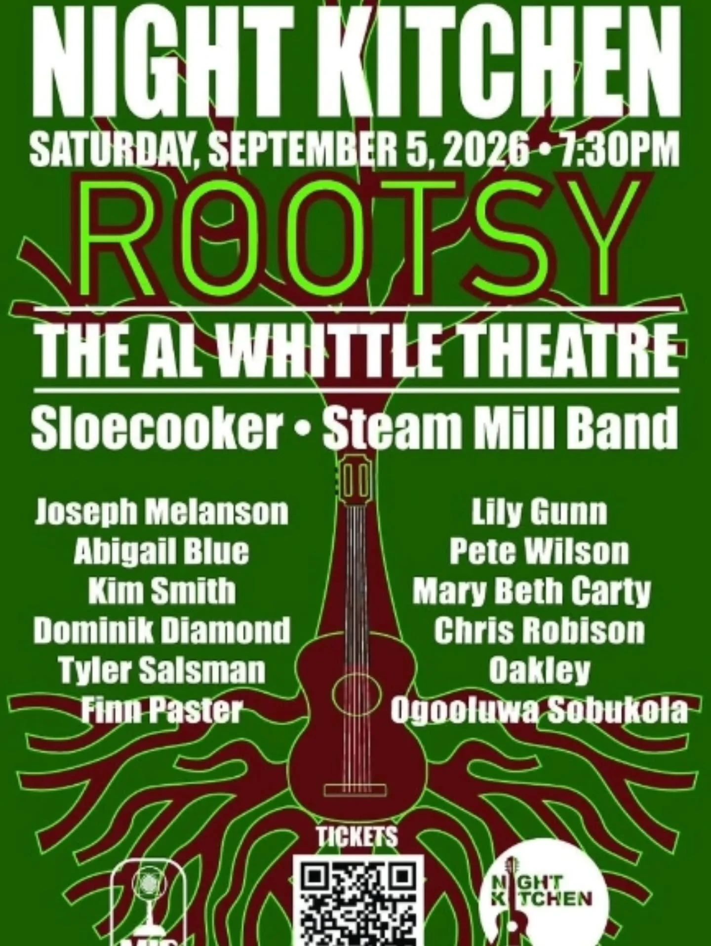 Night Kitchen is back for another year to fill your souls with community music. You might find yourself going back to your roots during this one! Here comes Night Kitchen Rootsy!

📆 Sat, Sept 5
🕖 7:30PM
📍Al Whittle Theatre 
🎟 www.alwhittletheatre