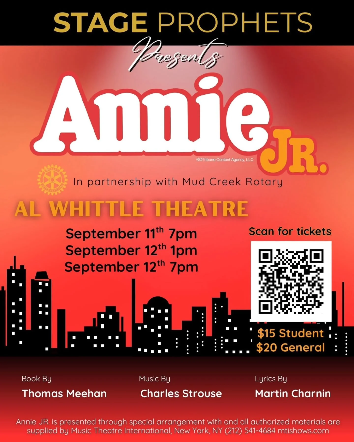 Get ready to be swept away by the talent, energy, and heart of our amazing youth performers as they bring the beloved story of Annie Jr. to life&mdash;a story filled with hope, courage, friendship, and the belief that tomorrow can always bring someth