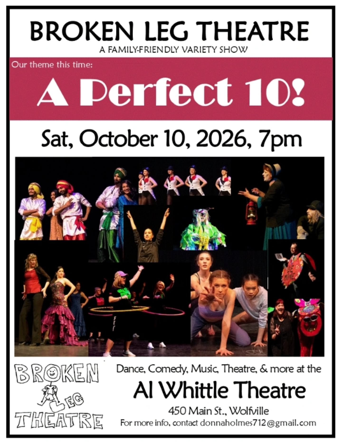 Broken Leg Theatre is a variety show full of Music, Comedy, Theatre, and Dance. It often features local performance artists such as Caravan Theatre, DanceConXion, the Ukulele Ladies, Valley Ghost Walk ghosts, and the Valley Hooper Troopers three time