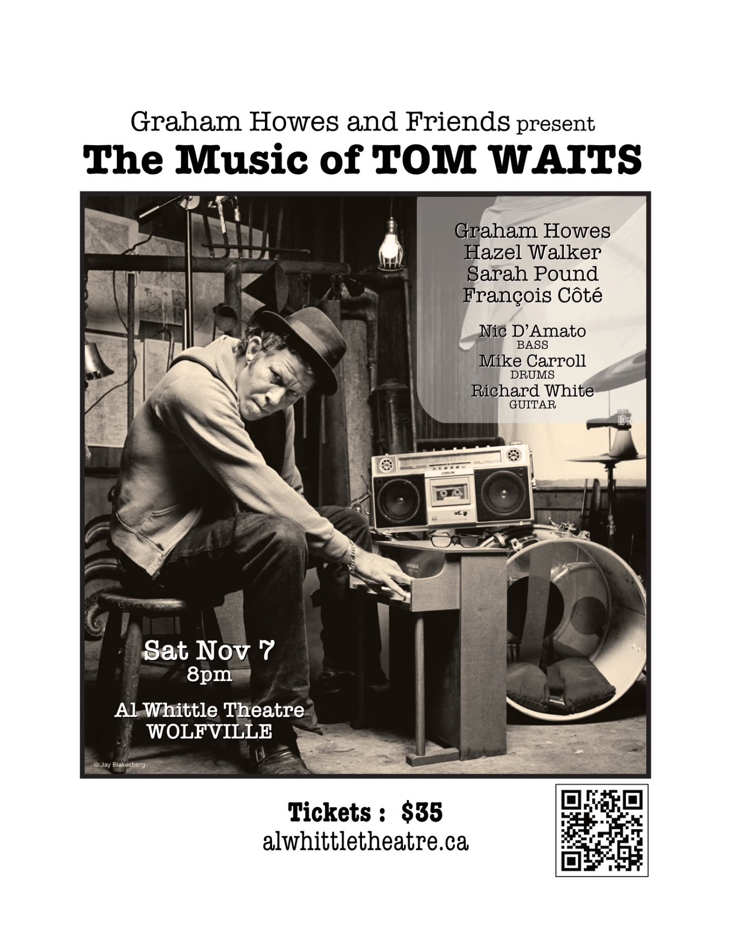 Enjoy the music of TOM WAITS as Graham Howes friends, Hazel Walker, Sarah Pound, Francois  Cote, and band Nic D&rsquo;Amato, Mike Carroll and Richard White perform selections on stage at the Al Whittle Theatre.

📆 Sat, Nov 7
🕖 8:00PM
📍 Al Whittle 