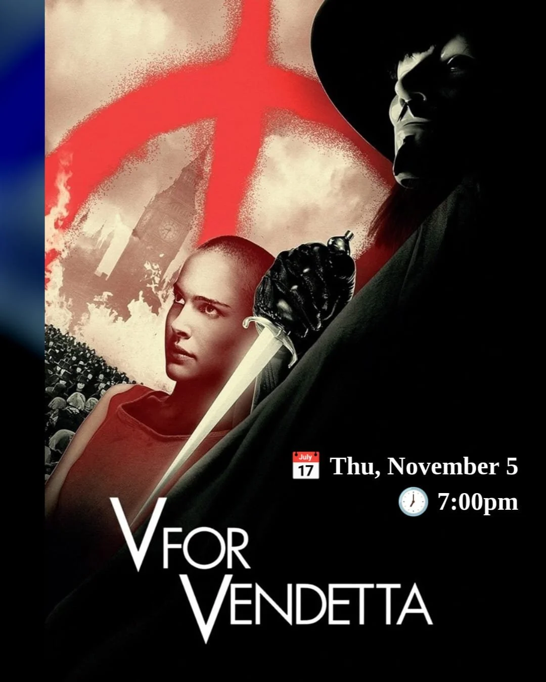 Join us at the Al Whittle Theatre for this very special anniversary screening, on Guy Fawkes day!

Runtime: 2h 12m
🌟 Action 🌟 Thriller 🌟 Science Fiction 🌟
📽 V for Vendetta
📆 Thu, Nov 5
🕖 7:00PM
📍 Al Whittle Theatre, Wolfville

#VForVendetta #