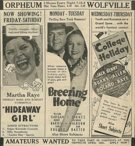 A black and white photo of a newspaper page featuring several entertainment ads. The ads promote shows at the Orpheum and Wolfville theaters, including performances by Martha Raye, Shirley Ross, Robert Cummings, and others. Also, a comedy show titled 'Hideaway Girl' and an ad for a college holiday program with Jack Benny, Burns, Allen, Boland, and Raye. The layout includes images of performers and text about the shows.