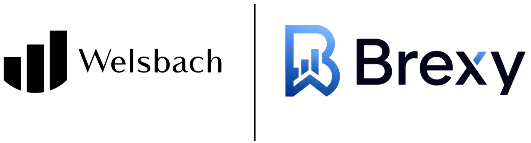 Image showing two logos side by side; the left logo features black bars with the text "Welsbach" and the right logo features a stylized blue
