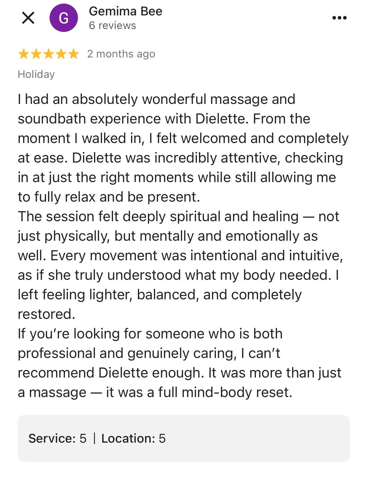 Screenshot of a Google review for a massage and sound bath experience by Dielette, praising the attentive and healing session.