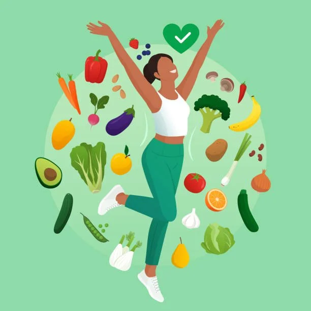 Illustration of a woman joyfully jumping surrounded by various colorful vegetables and fruits, indicating healthy eating and wellness.