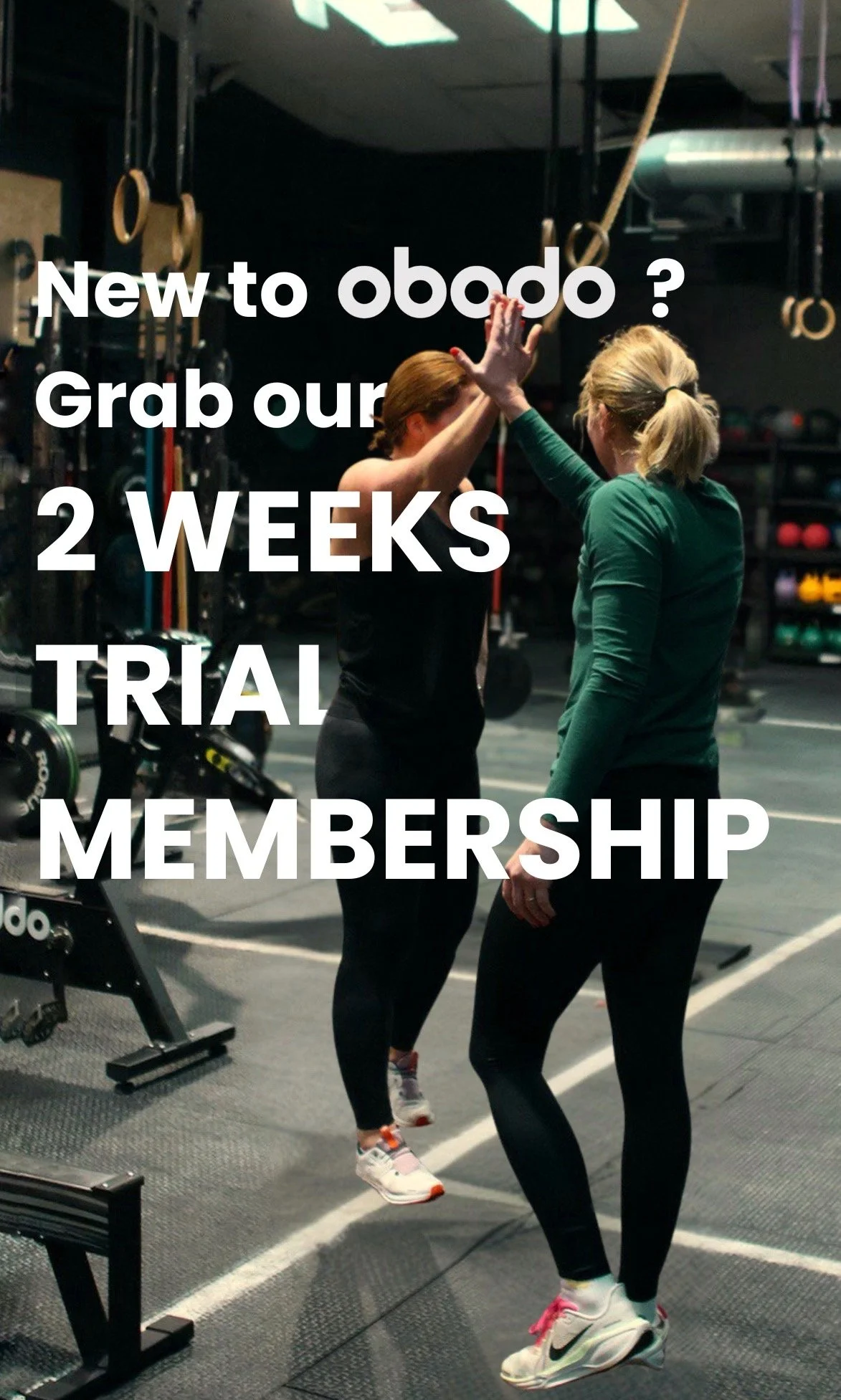 Two women high-fiving in a gym, with gym equipment and hanging rings in the background, promoting a two-week trial membership.