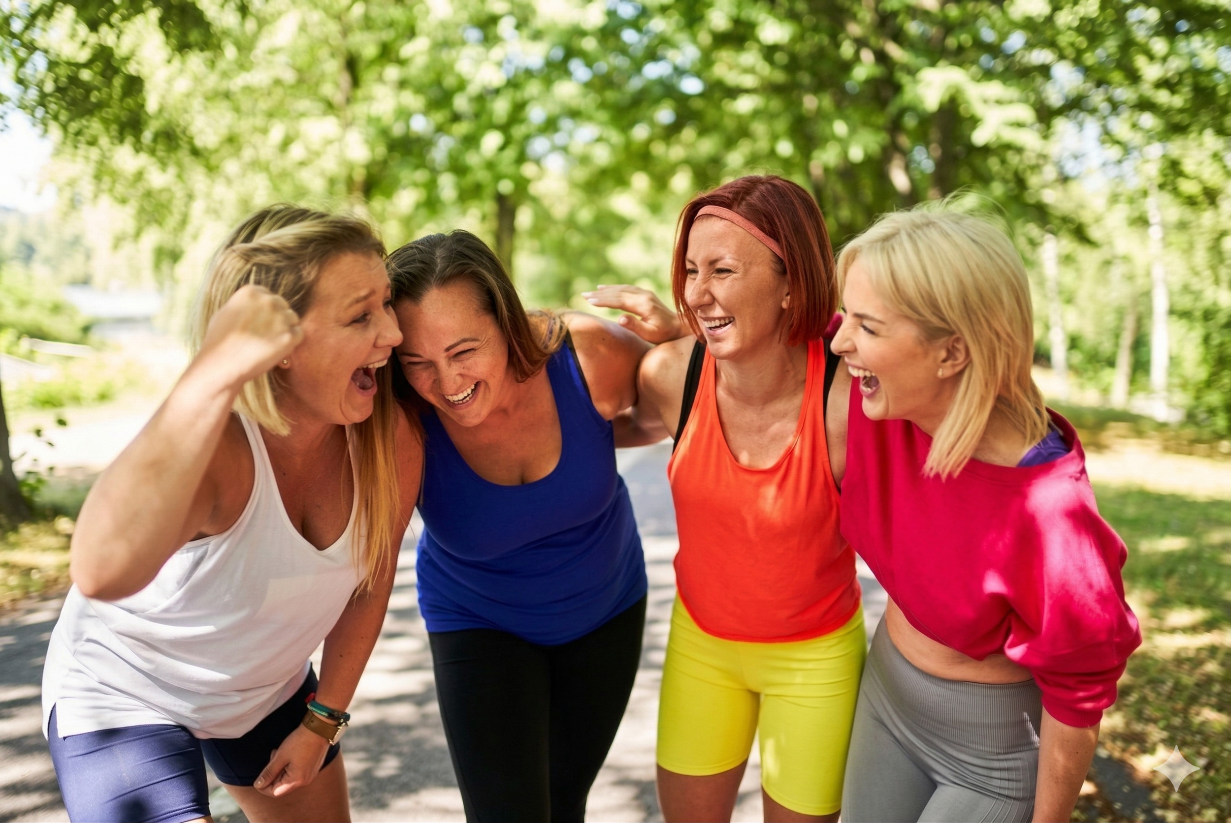 Five women in colorful athletic wear sharing a joyful moment outdoors, smiling and laughing together.