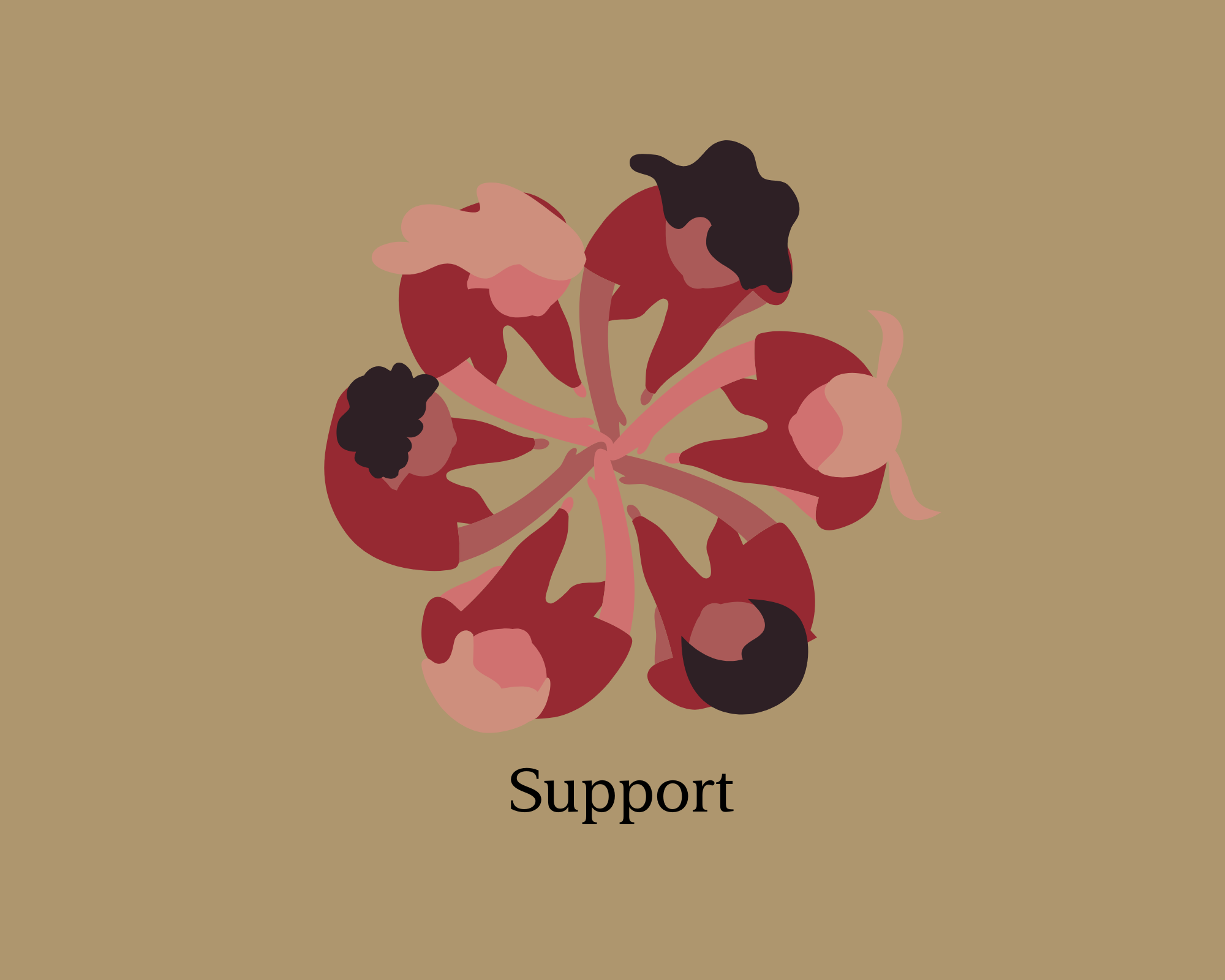Illustration of five people supporting each other's hands in a circle, with the word 'Support' below.