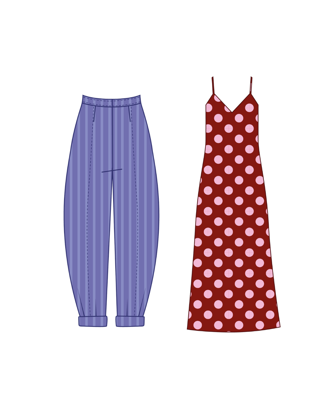 diseño de un pantalon y vestido y costura de los patrones en clases patronaje inicial