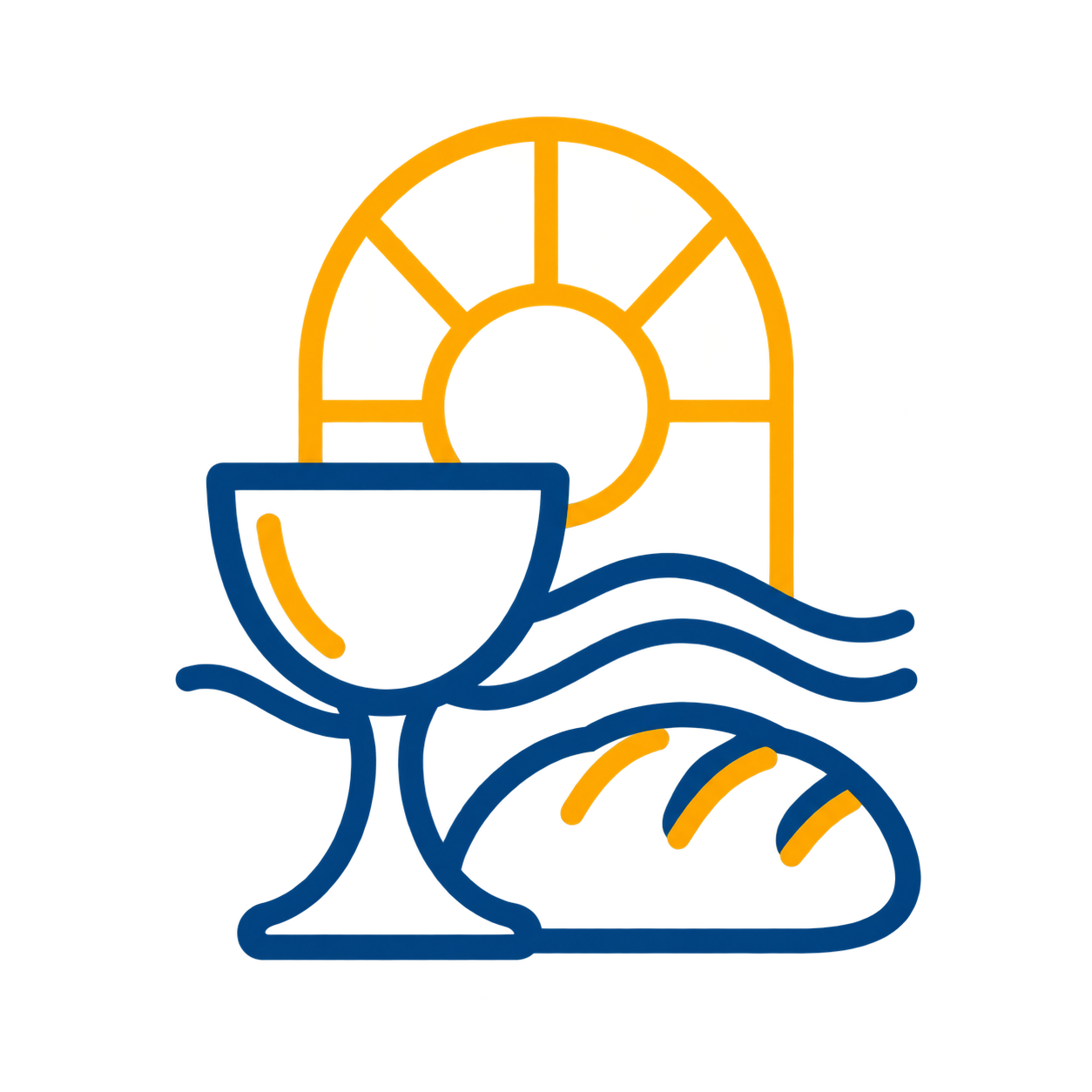 Colorful outline drawing of a sunset at the beach with a sailboat in the water, a beach with a shell, and the sun setting behind the horizon.