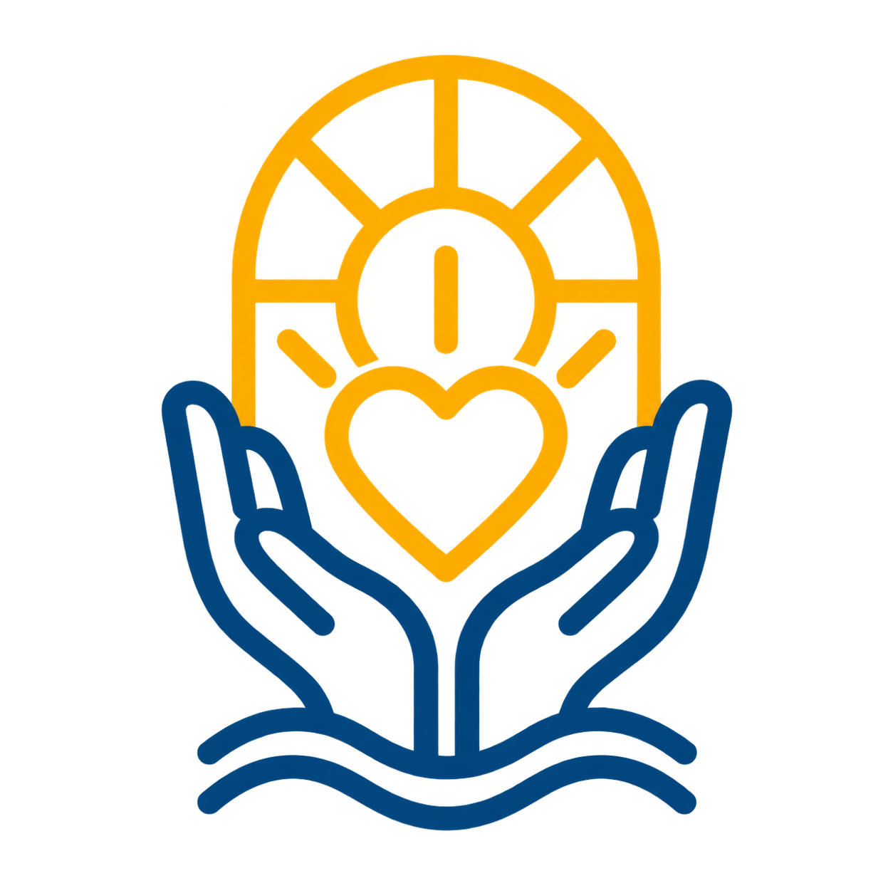 Neon outline of hands holding a heart with a cross inside a rainbow-shaped window