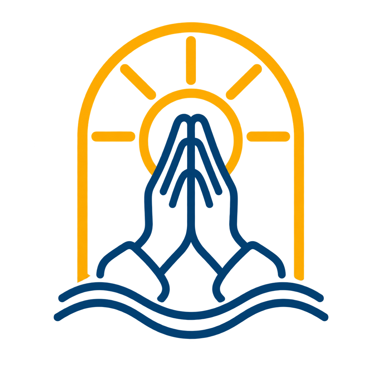 Illustration of praying hands with a sunrise background, featuring a yellow and orange sunrise over waves.