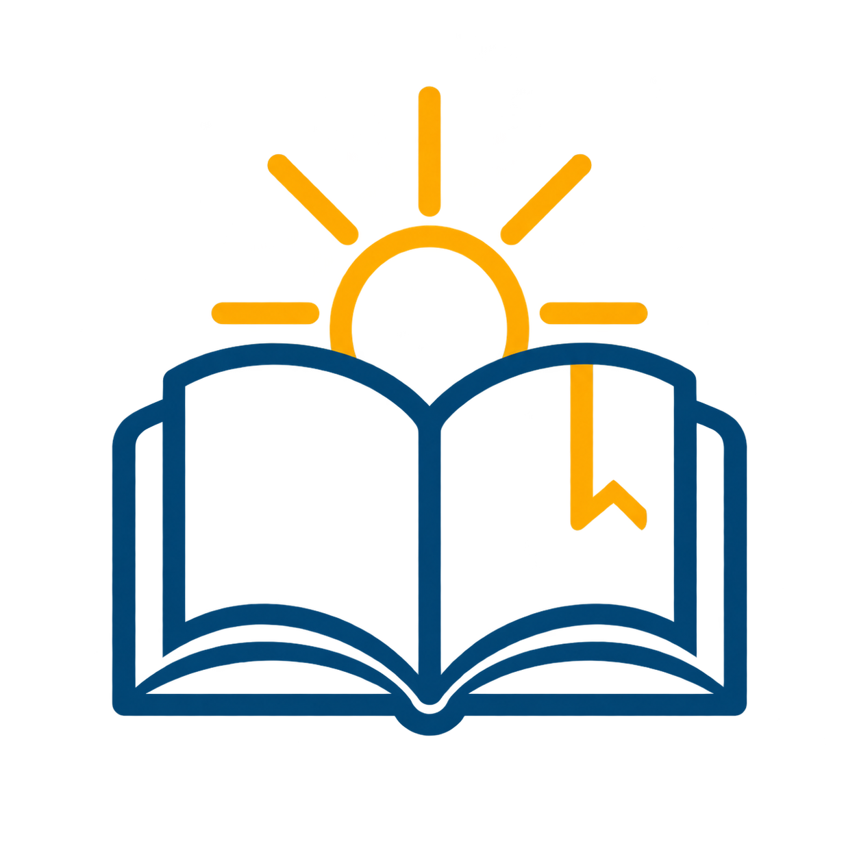 An open book with blue outline, a yellow sun, a red background, and a yellow path with an arrow, representing learning and growth.