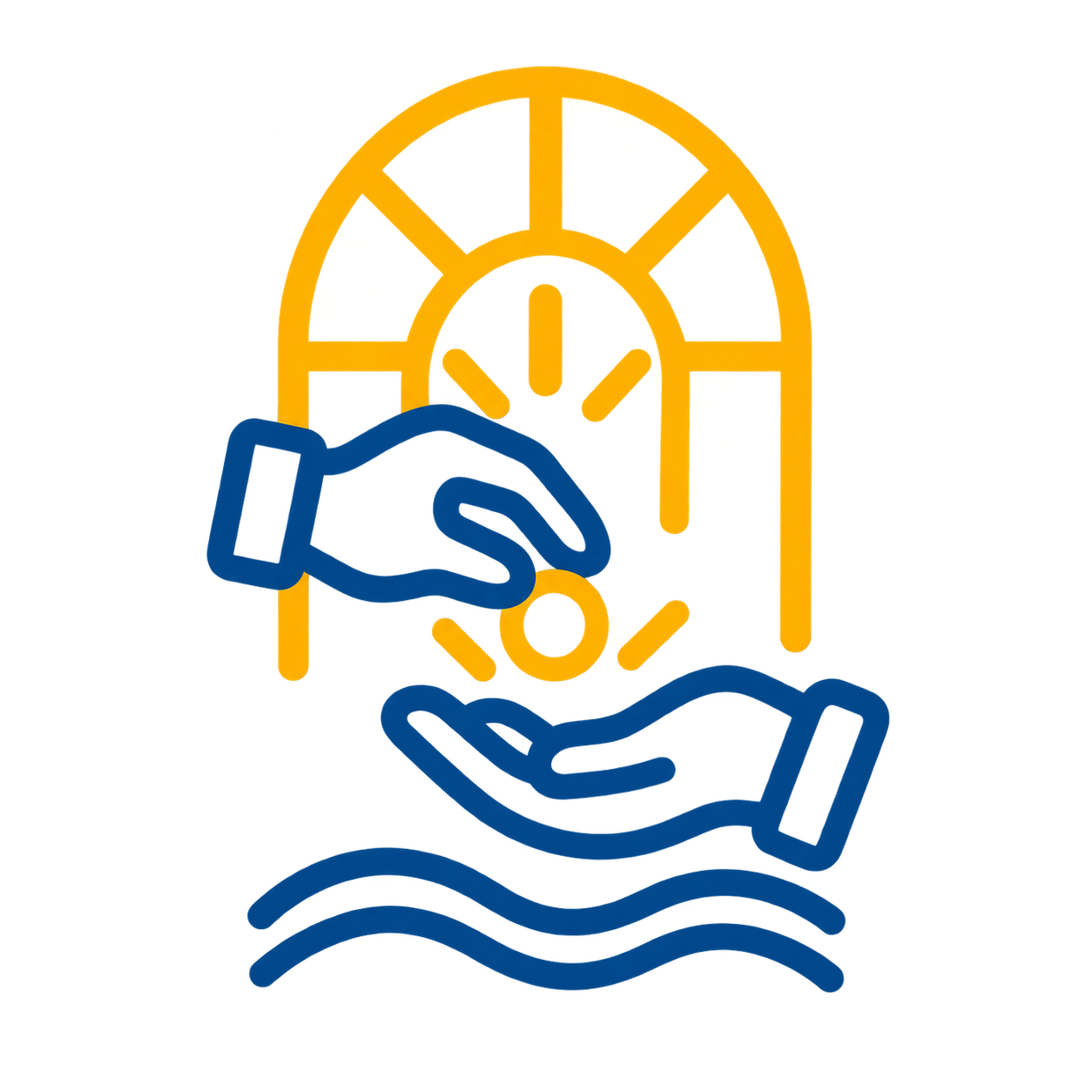 A stylized illustration of a clock with yellow and orange colors, two blue hands representing hands of a clock, and two blue hands with open palms positioned below, symbolizing care or support. The clock is situated above wavy lines indicating water.