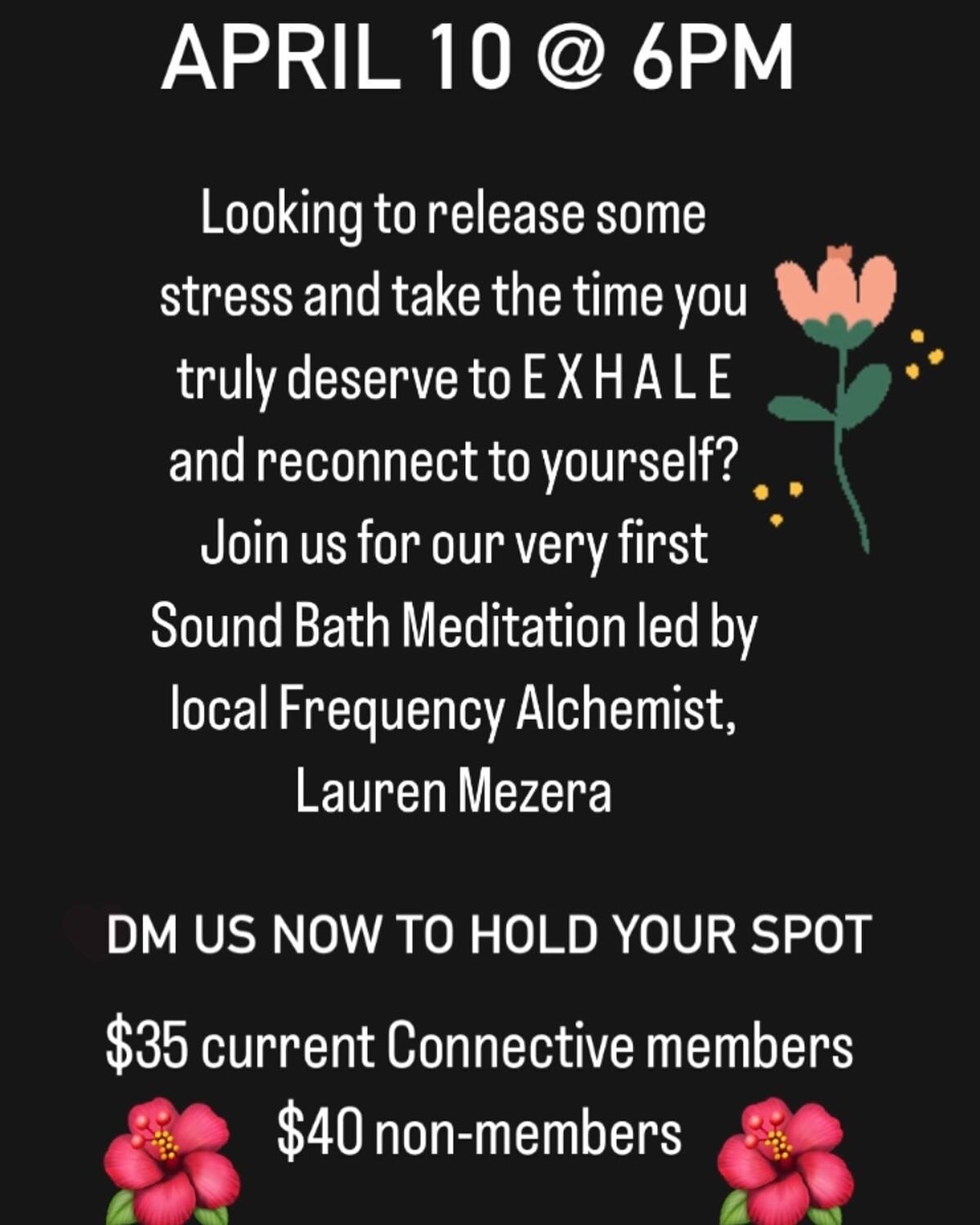 Join us for this very special event as Connective hosts a Sound Bath with the lovely @laurenmezerawellness Lauren utilizes the transformative&nbsp;frequencies of her 432hz Crystal Quartz Bowls as well as elemental chimes and rattles to take you on a 