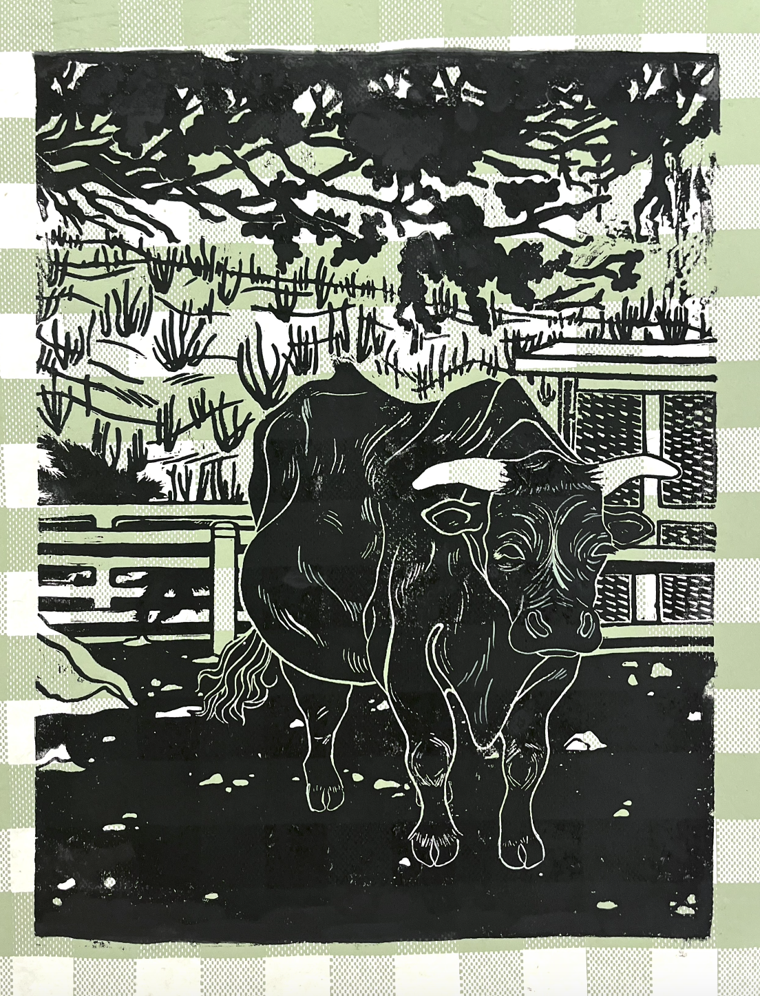 El Toro - Linoleum Print on Gingham Mulberry Paper, 10" x 13", April 2022
