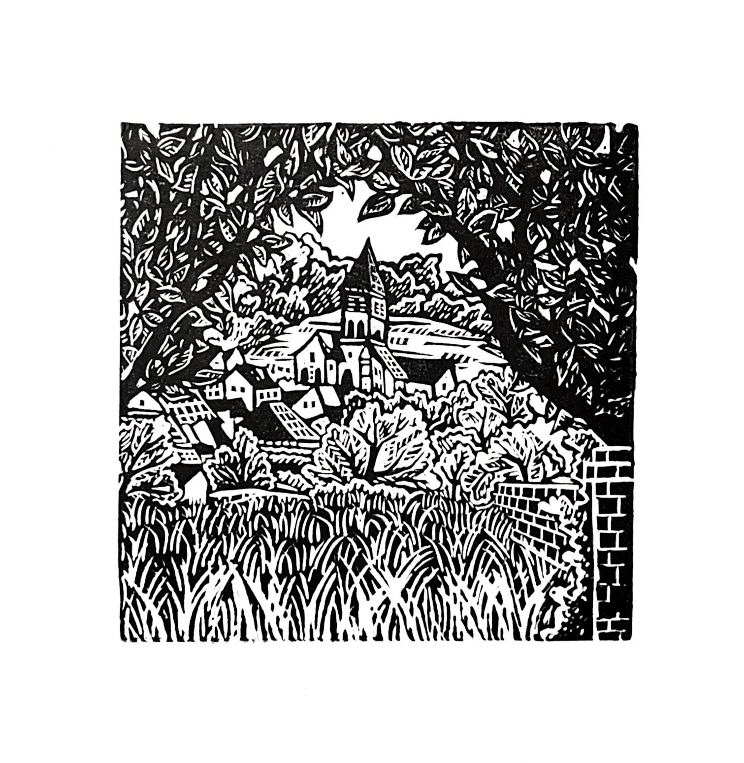 Chappell on the Hill 
Lino-cut Relief Print on Mulberry Paper, 4" x 4", March 2025 