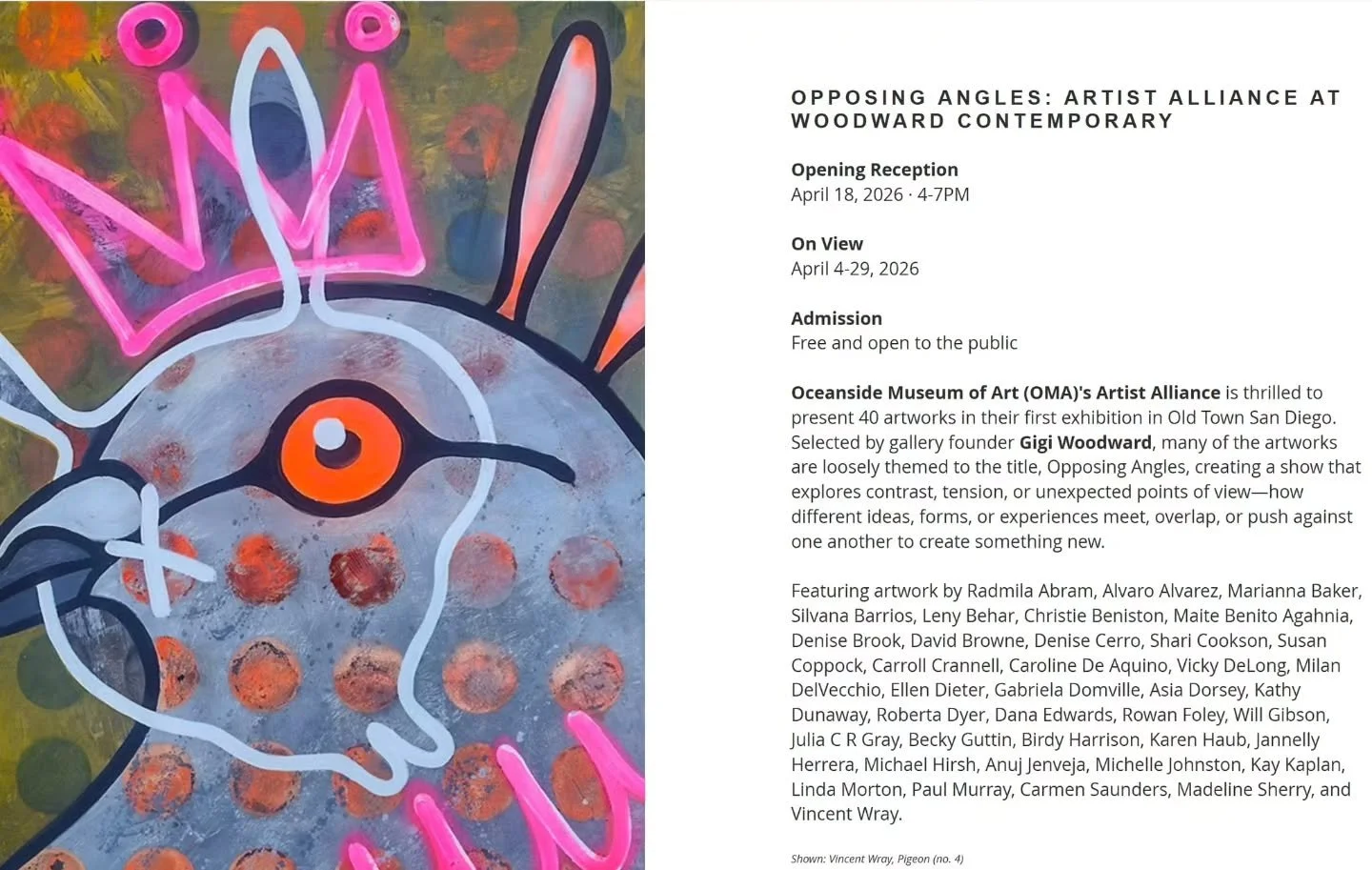 I am delighted to have a sculpture selected for this exhibition. The show is currently open for viewing, with the Artist Reception on Saturday April 18th. Woodward Contemporary is a beautiful and vibrant gallery located in Old Town, San Diego.

&quot