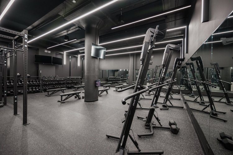 The training floor, squat racks and benches under linear lighting