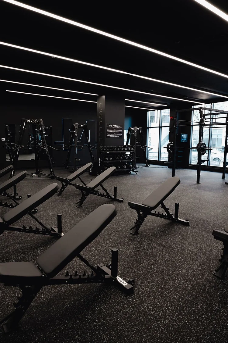 The training floor, a row of benches under linear lighting with floor-to-ceiling windows behind