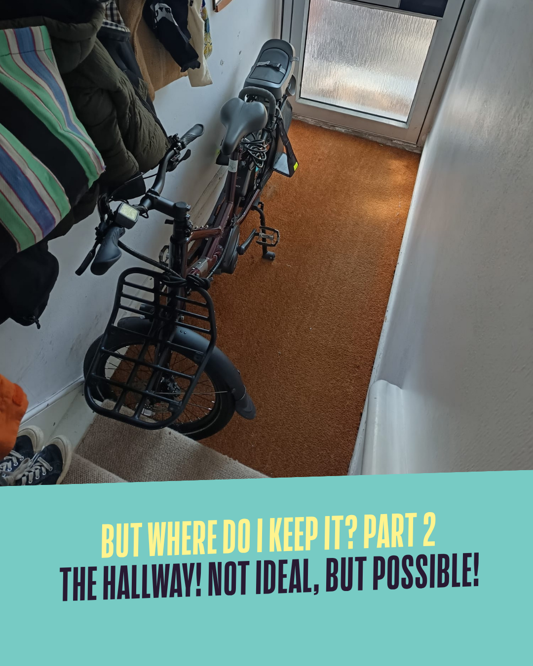 cargo bike stored in hallway