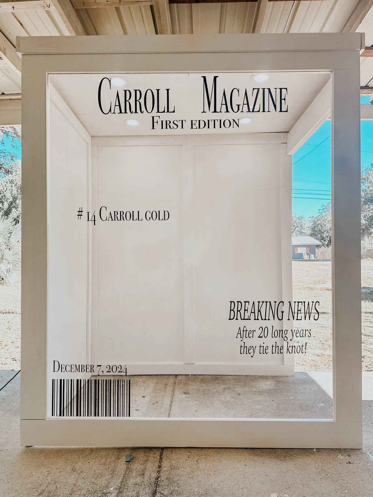 Custom magazine-style photo backdrop designed for a 30A party, created as a “Carroll Magazine” first-edition display for guest photos.