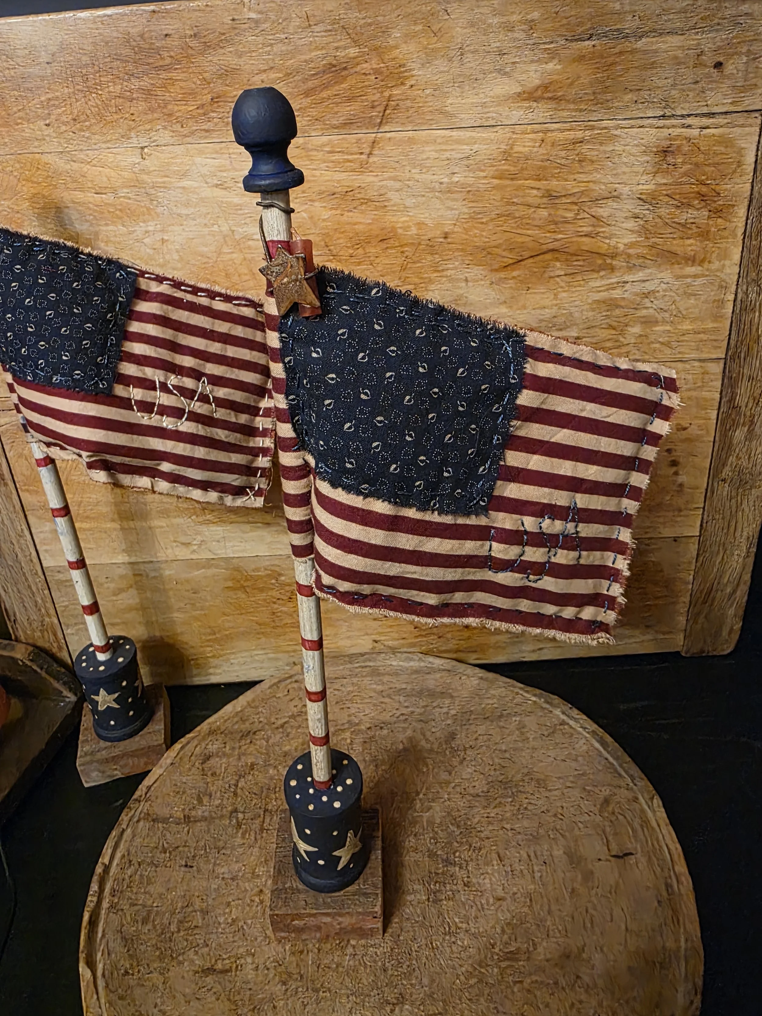 PRIMITIVE HAND- STITCHED AMERICANA FLAGS - 2 AVAILABLE