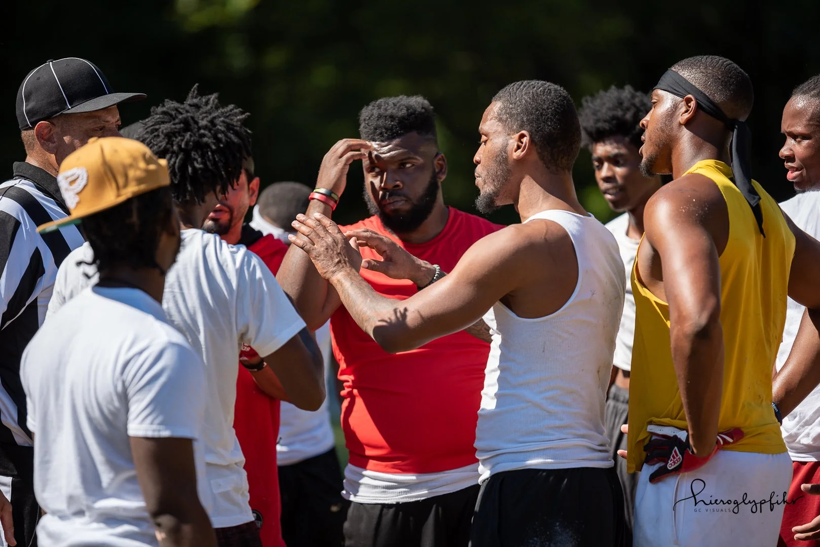 Group of athletic young men and a referee, gathered outdoors on a sunny day, engaged in a discussion or coaching session during a sporting event.