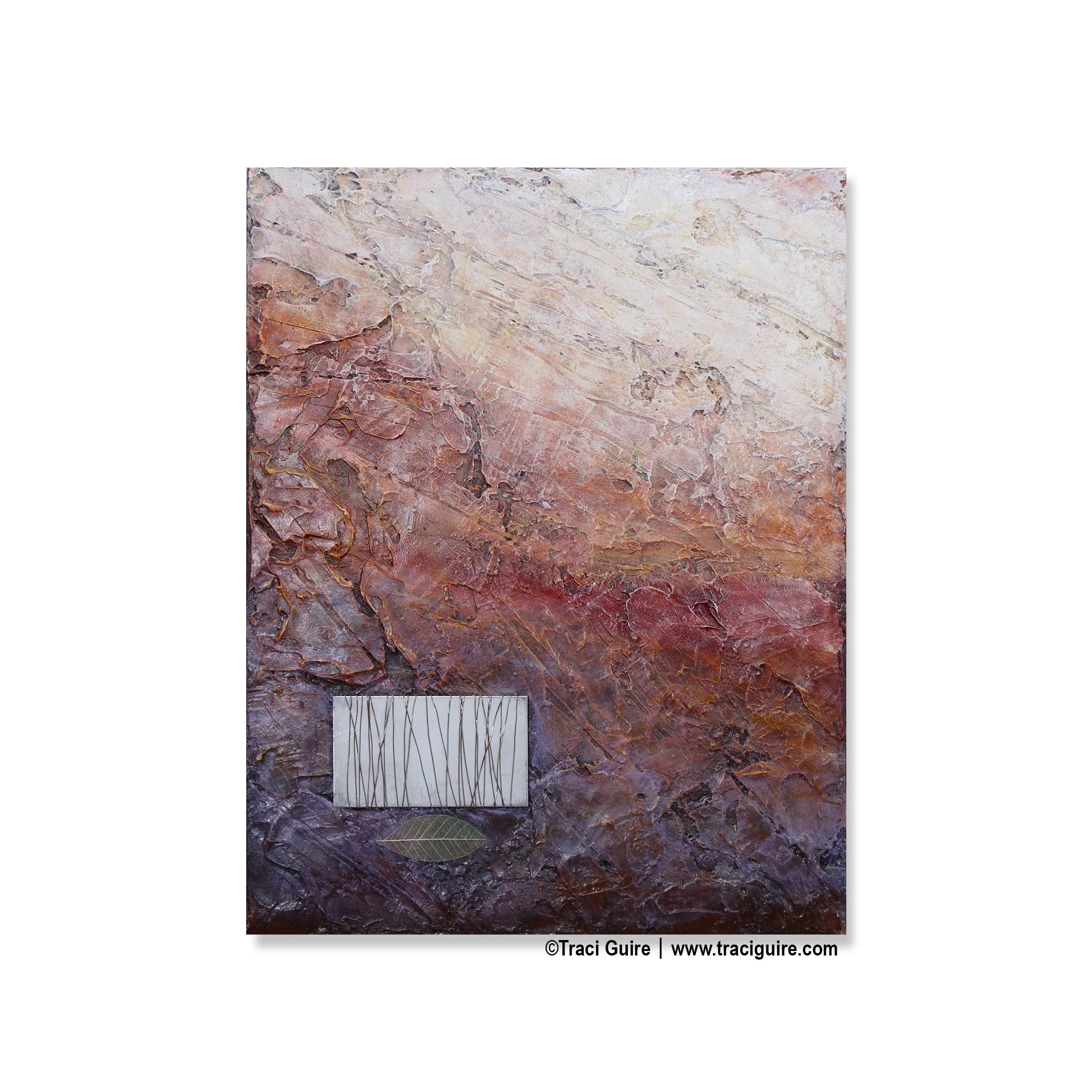 Abstract textured artwork with earthy tones, featuring a metal piece that is wrapped in wire  and a leaf shape at the bottom.