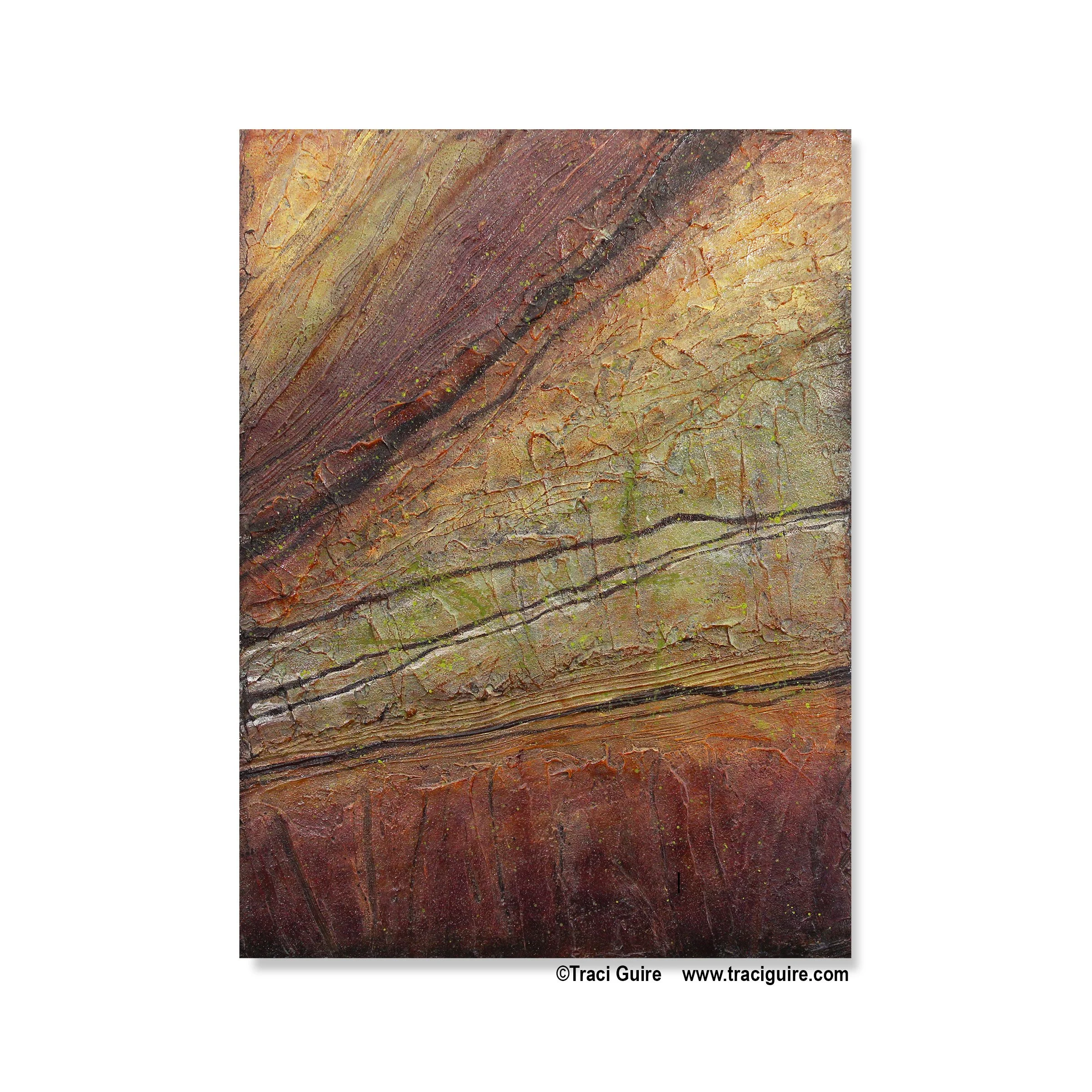 Close-up of a painted or textured surface resembling the layered appearance of a rock or mineral, featuring earthy tones of brown, red, green, and black with visible cracks and lines.