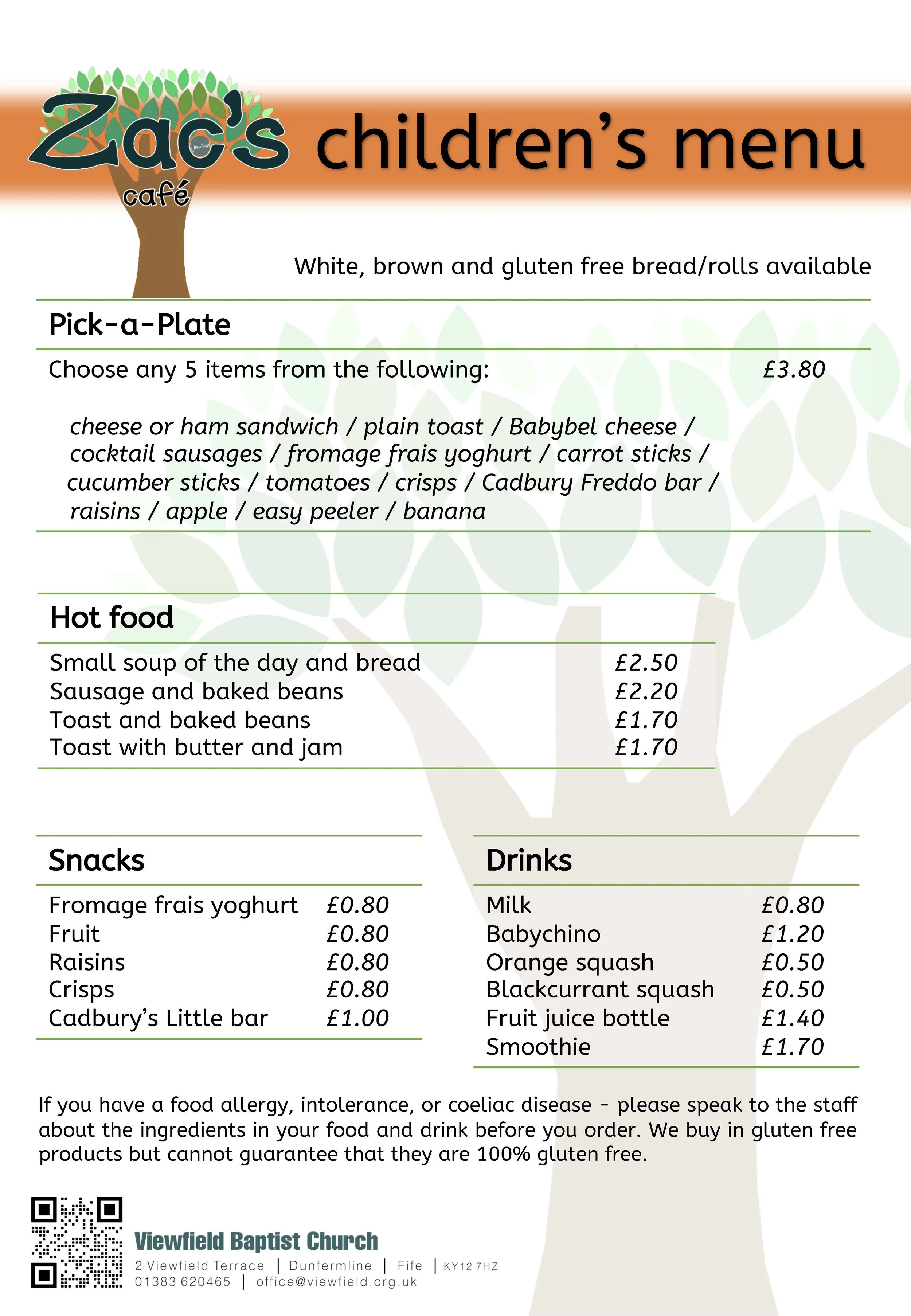 Zac's Children's Menu - text shown below