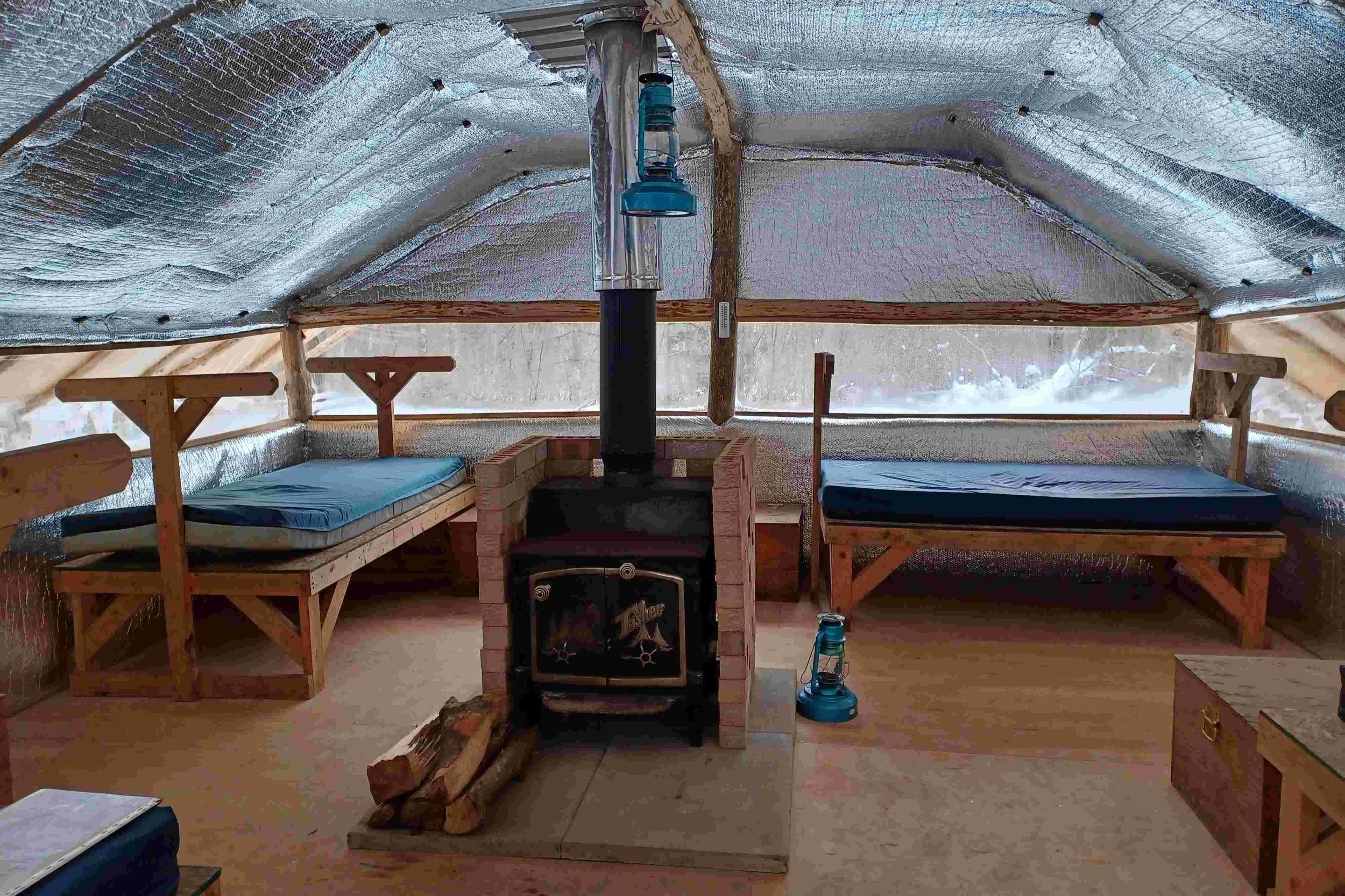 Inside a winterized tent