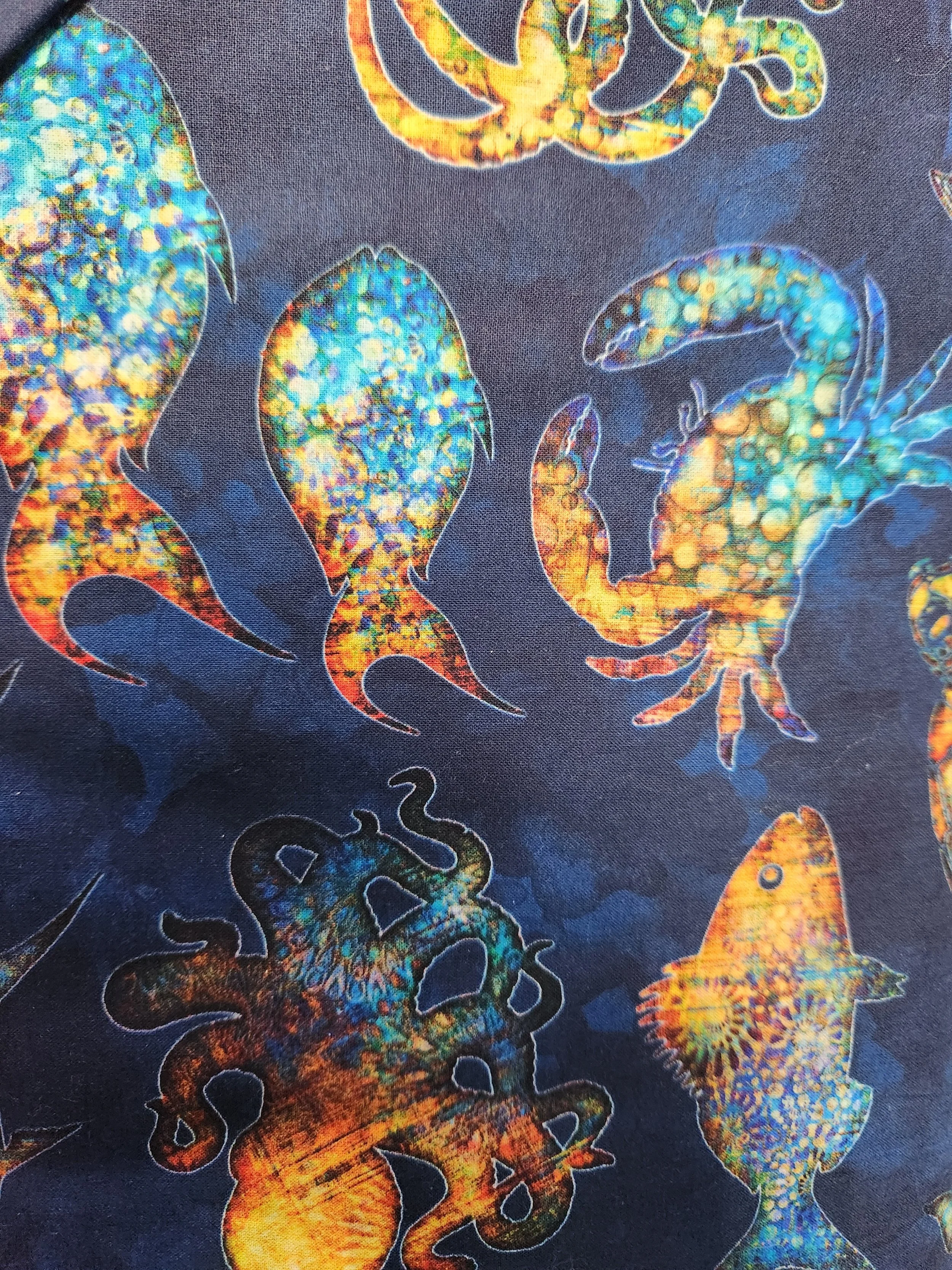QT Fabrics Pacifica 2600-28817-n Artsy Sea Creatures on a navy background