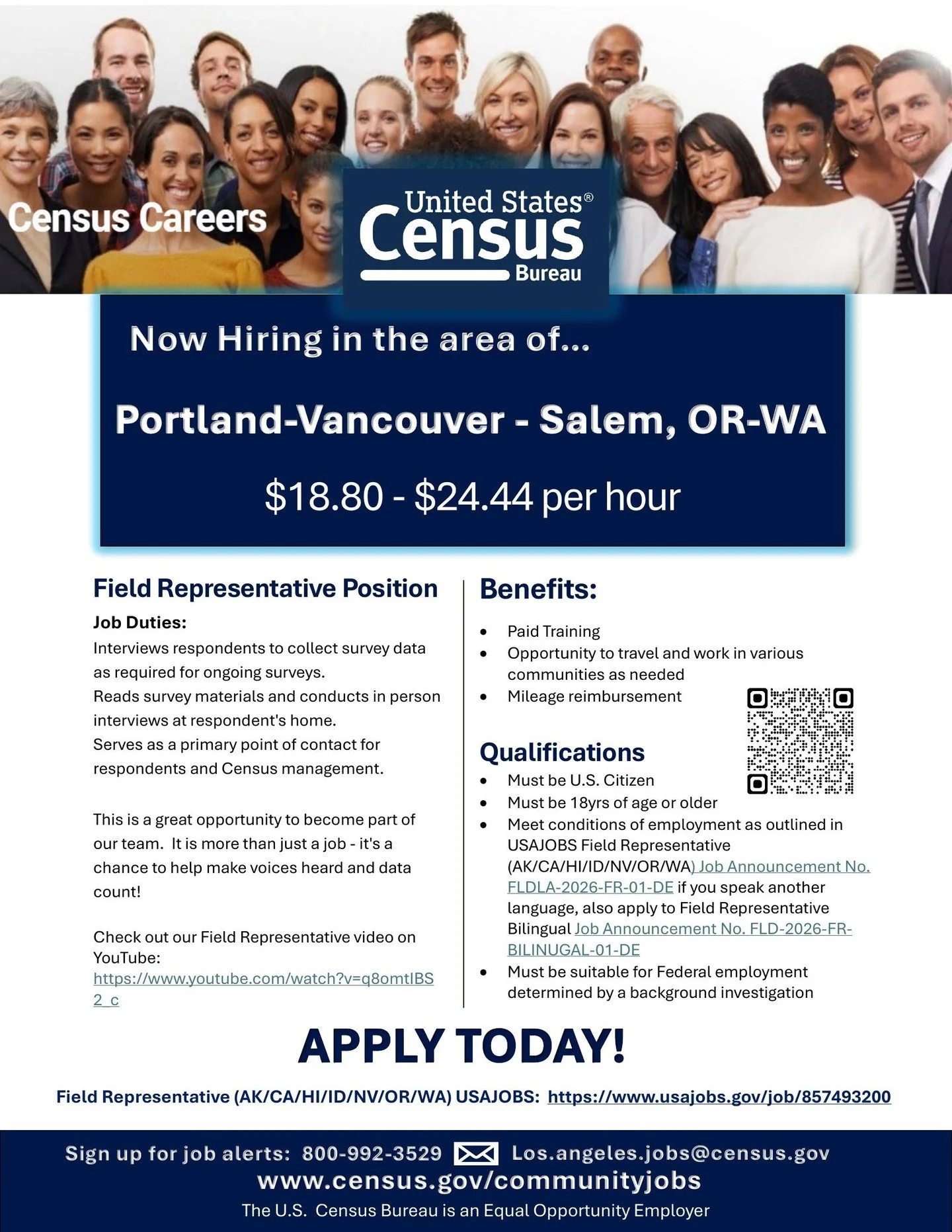 🚨 NOW HIRING IN THE AREA 🚨

Looking for a solid opportunity with real purpose? The U.S. Census Bureau is hiring Field Representatives right here in Portland&ndash;Vancouver &amp; Salem 💼

💰 $18.80 &ndash; $24.44/hr
✅ Paid training
🚗 Mileage reim