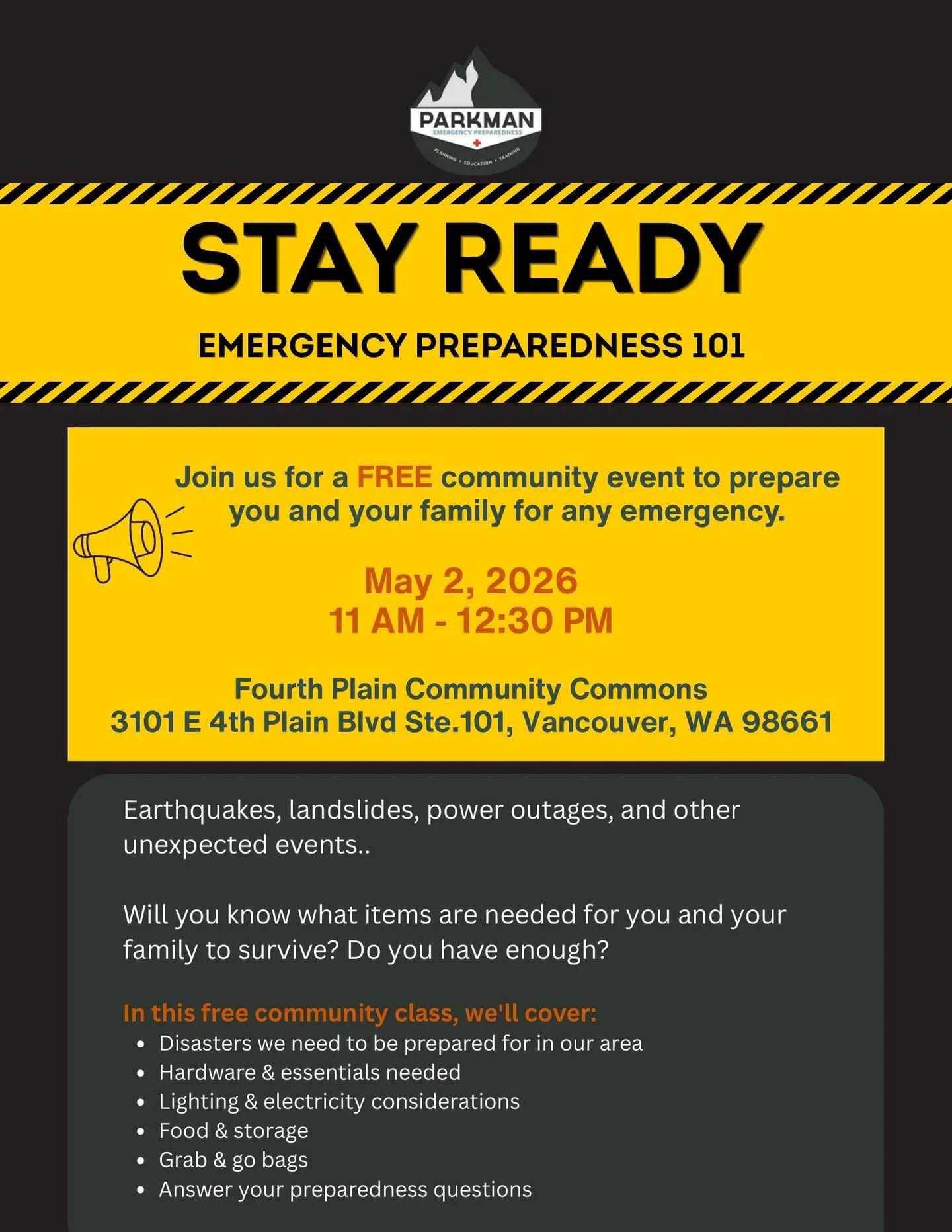 🚨⚠️ Stay Ready

Emergencies don&rsquo;t wait&hellip; and being prepared can make all the difference.

This FREE community class is all about making sure you and your family got what you need when the unexpected hits &mdash; from power outages to nat