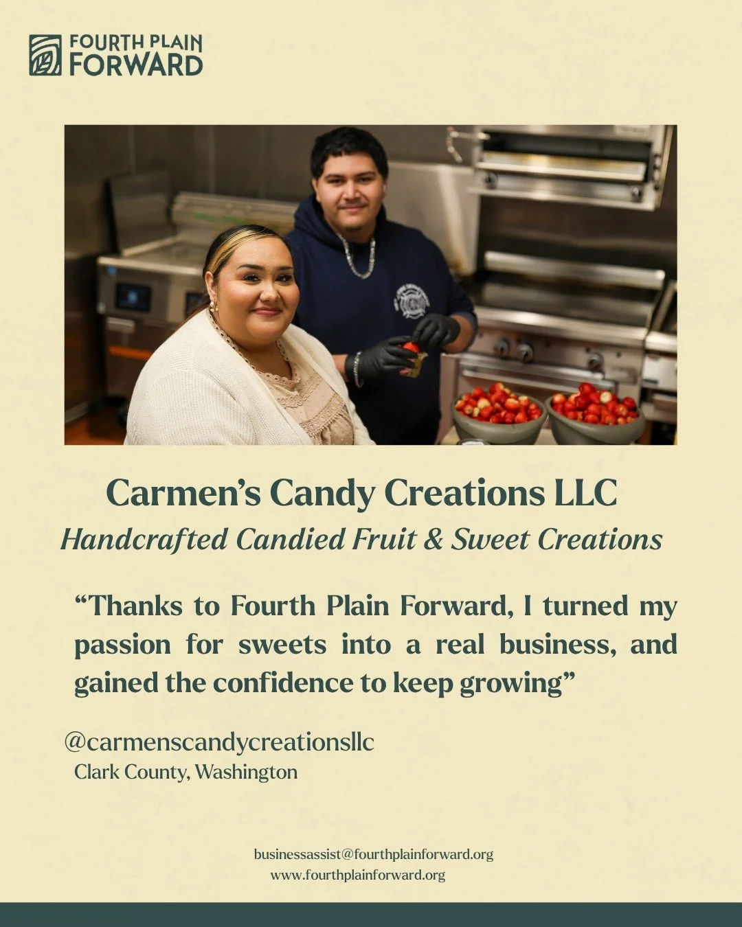 Con motivo del Mes de la Pequeña Empresa, Fourth Plain Forward enorgullece de dar a conocer la trayectoria de Carmen, fundadora de Carmen’s Candy Creations LLC, una empresa basada en la creatividad, la calidad y la pasión por los dulces artesanales.

Su negocio se especializa