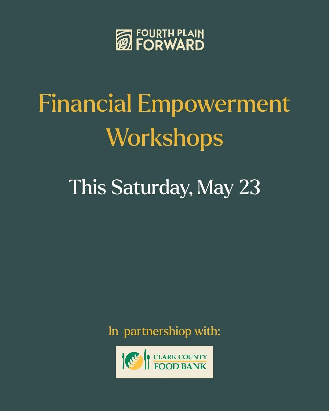 📅 Saturday, April 25, 2026
⏰ 10:00 AM &ndash; 12:30 PM
📍 Fourth Plain Community Commons
  3101 E 4th Plain Blvd, Suite 101

👉 Register: fourthplainforward.org/workshops

📩 Contact: wil.fuentes@fourthplainforward.org