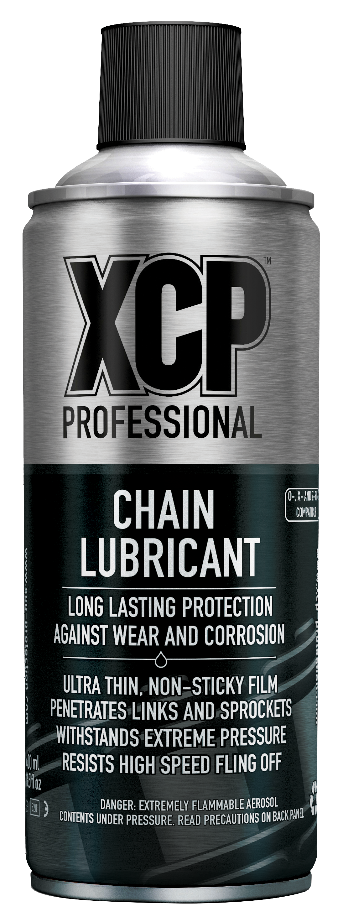 An image of the XCP Chain Lubricant aerosol can in black