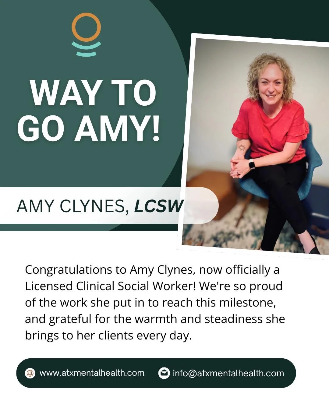 Everybody, give it up for Amy Clynes, officially a Licensed Clinical Social Worker! 🎉

We have been waiting to share this one for a while. Getting to clinical licensure is no joke. It's a long stretch of supervised hours and an exam that really make