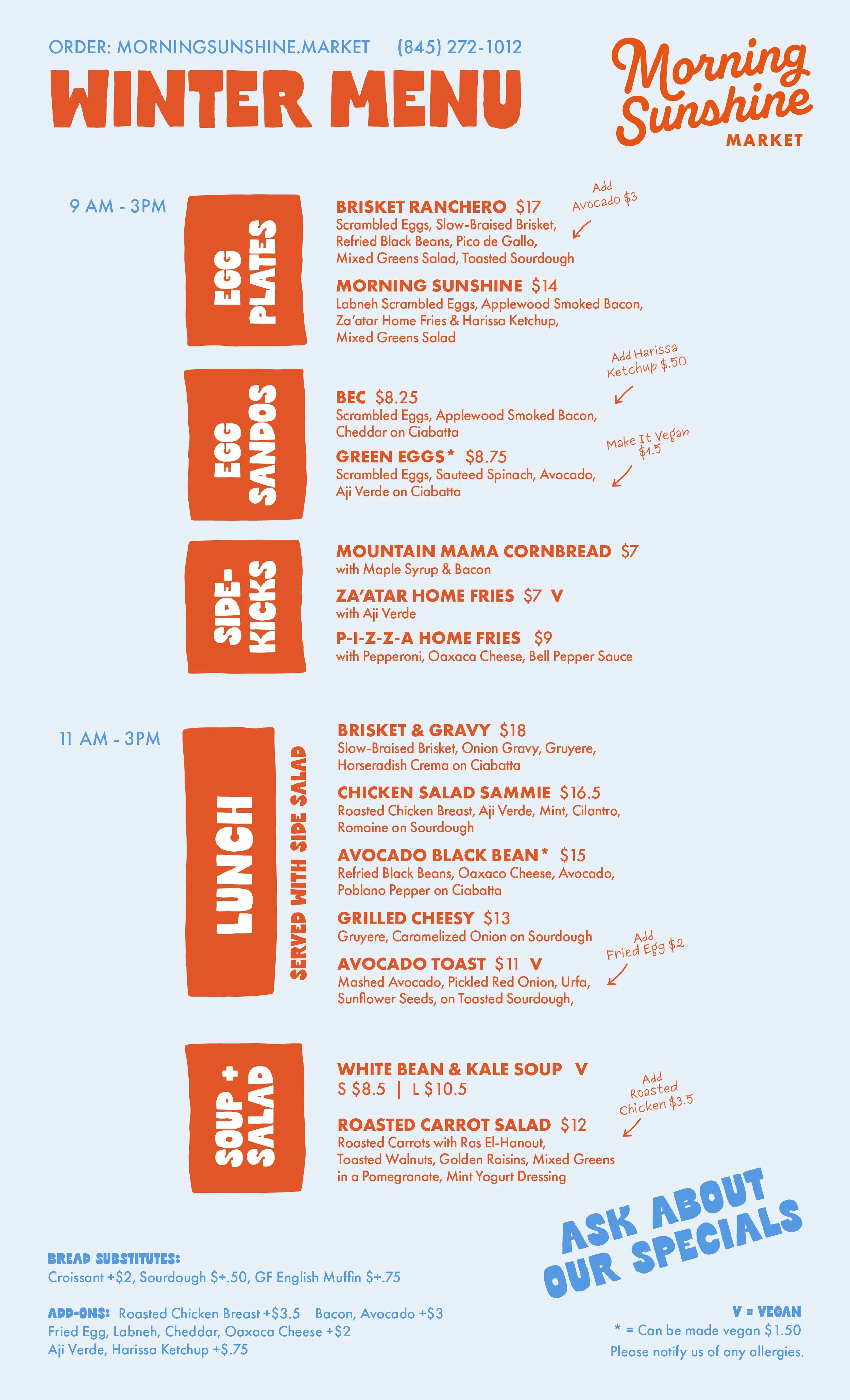 Menu from Morning Sunshine Market's winter menu featuring breakfast and lunch options, including Egg Plate options, Side Kicks, and Soup + Salad. The menu lists items with prices, timings, and add-on options, with notes on vegan and gluten-free choices.