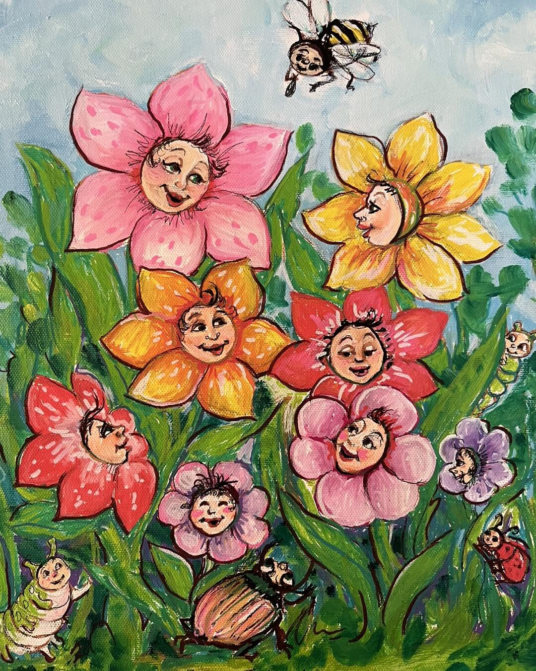 Here come those Flowers in May! Here&rsquo;s 2 small paintings
&ldquo;Gossiping Flowers were overheard by Betty Bumblebee &ldquo; 11 by 14 in gallery wrapped canvas) and&ldquo; The Floral Chorus sing a Summer Song&rdquo;
(9 by 11 inch gallery wrapped
