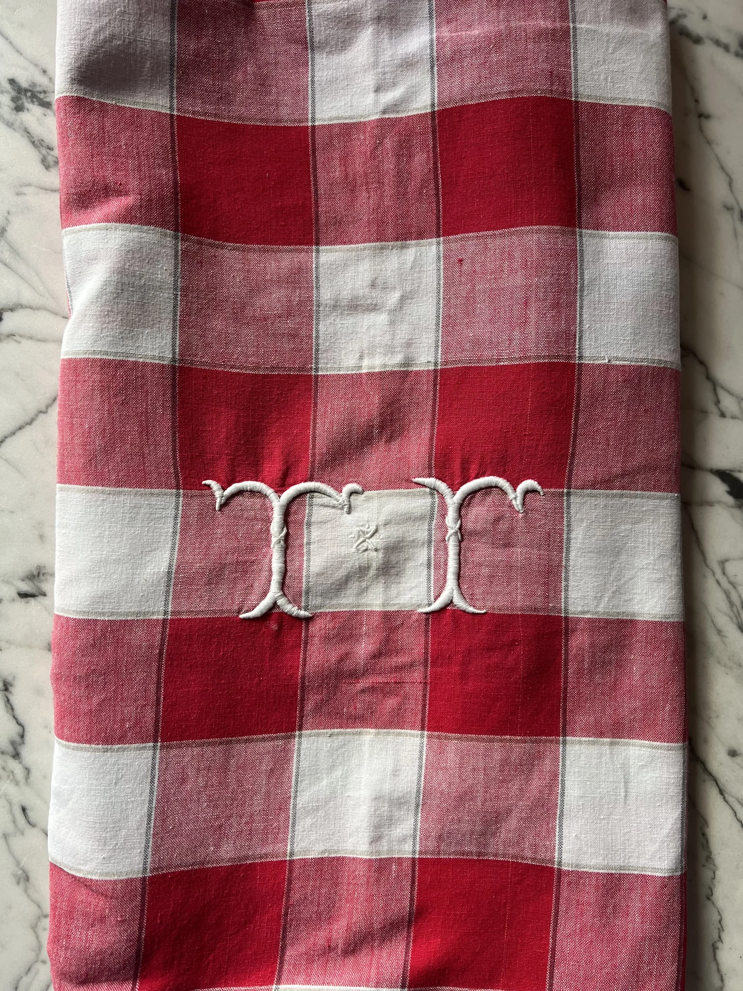 Vintage French Plaid Linen Tablecloth – Red & White – Monogrammed